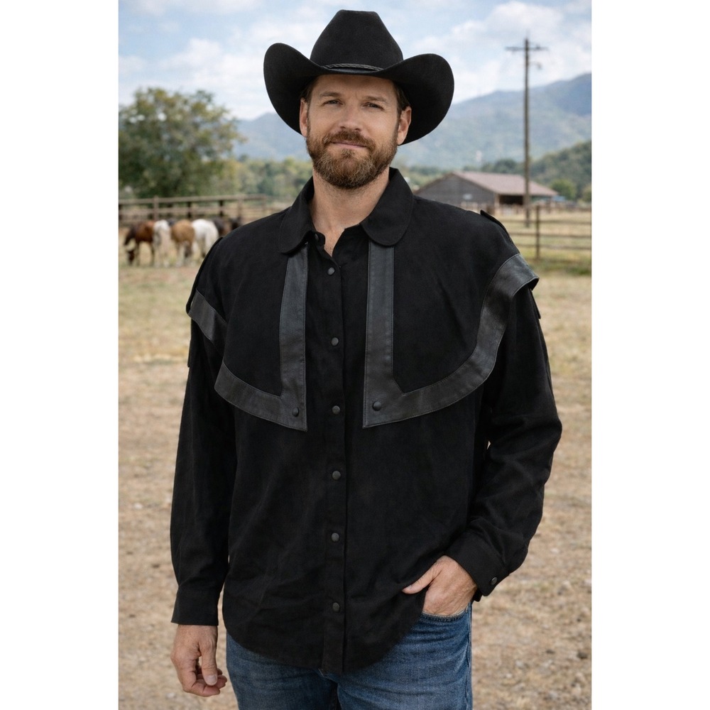 Vintage Seeler Black Wool Leather Trim Western Cowboy Button Up Shirt Size 34